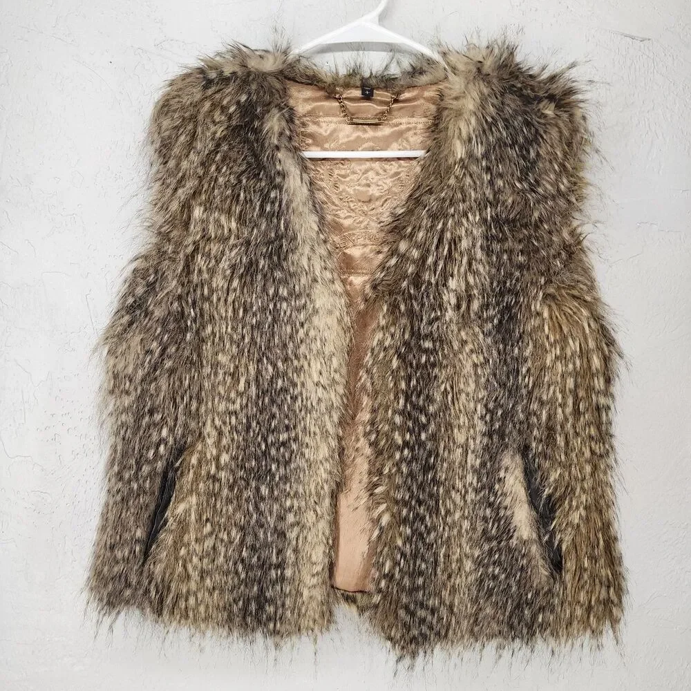 Express Faux Fur Vest in Brown and Tan - Picture 1 of 7